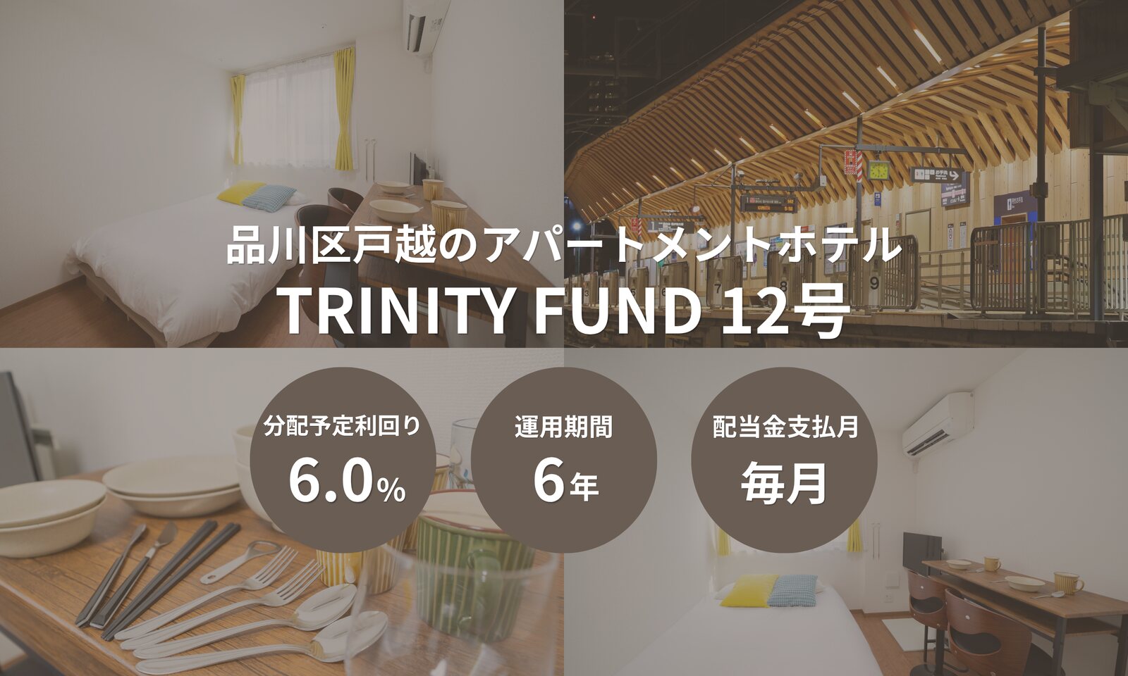 TRINITY FUND 12号 品川区戸越のアパートメントホテル。客室と最寄り駅の写真に、分配予定利回り6.0%・運用期間6年・配当金支払月 毎月の表示